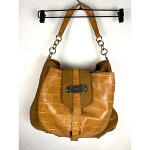 Y2K Vintage Furla Italian Leather Croc Embossed Shoulder Bag Camel Hobo Purse